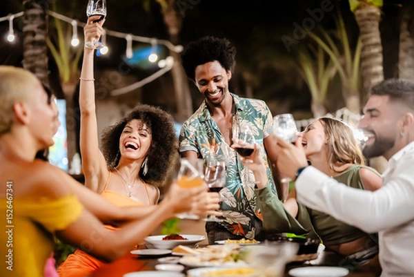 Fototapeta Group of diverse friends raising glasses in a joyful toast at a tropical outdoor party, celebrating together under palm trees and string lights