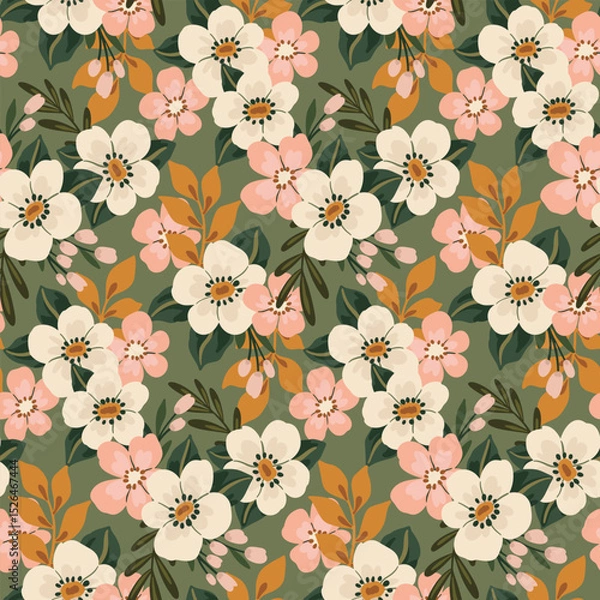 Fototapeta Seamless floral pattern, liberty ditsy print in stylish retro motif. Cute botanical design of hand drawn summer meadow, pretty small flowers, large leaves abstract on green field. Vector illustration.