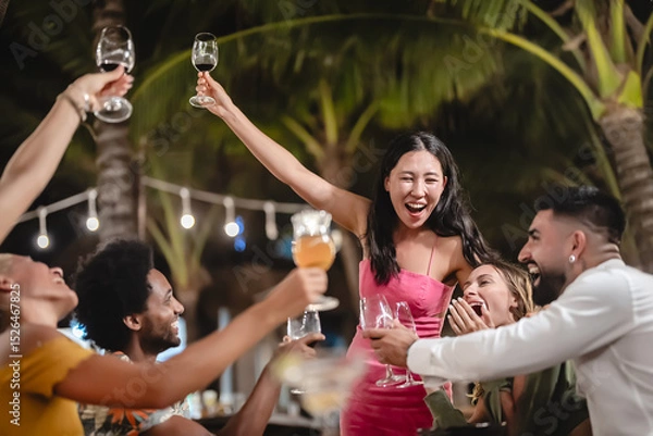 Fototapeta Group of diverse friends raising glasses in a joyful toast at a tropical outdoor party, celebrating together under palm trees and string lights