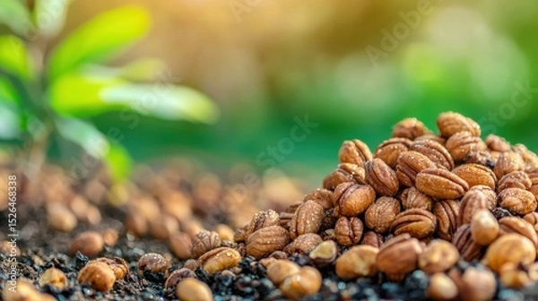 Obraz Pile Of Pecan Nuts On Soil With Green Plant In Background. Symbolizes Growth And Agriculture