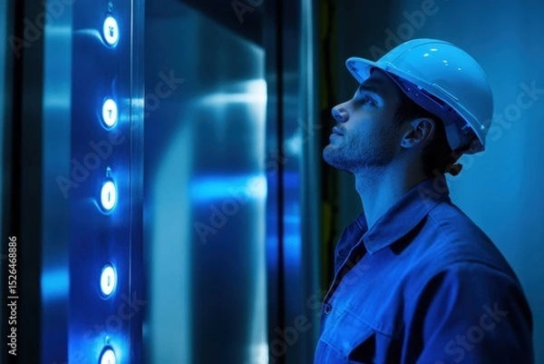 Obraz Man in Safety Helmet Standing in Front of Elevator Buttons
