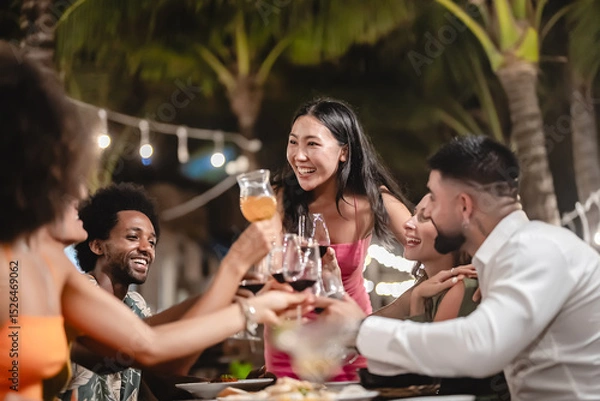 Fototapeta Group of happy friends sharing laughs and drinks at an outdoor dinner party under palm trees and string lights, enjoying food and festive vibes during a tropical night celebration