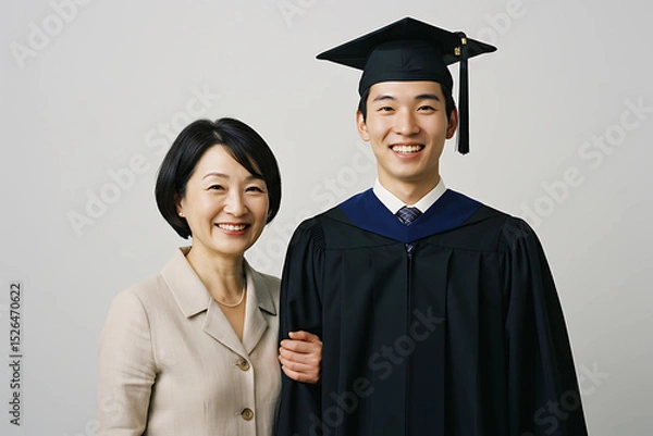 Fototapeta Asian man graduate with mother celebrating achievement in cap and gown on neutral background, ideal for academic success visuals