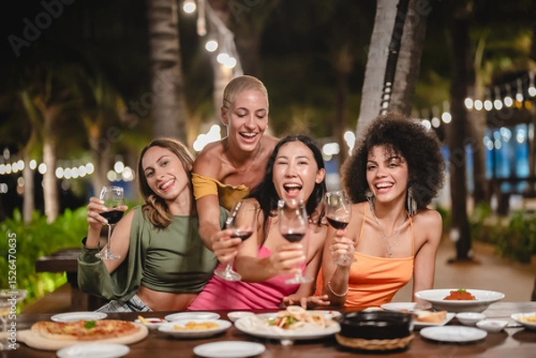 Fototapeta Group of joyful women toasting with wine glasses at an outdoor tropical party at night, smiling and celebrating together under string lights surrounded by palm trees and a festive atmosphere