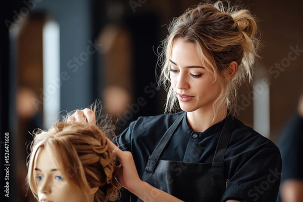 Obraz Hairstylist teaching at a beauty school, student practicing hair cutting techniques on mannequin head, educational environment.