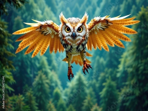Obraz Low poly owl, Close-up of owl, surprised animal, flying owl 