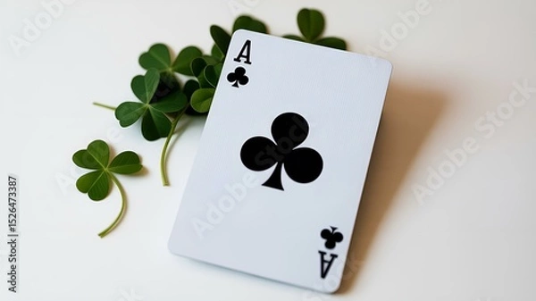Obraz An artistic representation featuring an Ace of Clubs playing card elegantly placed among vibrant green clover leaves, symbolizing luck and chance in life and games.