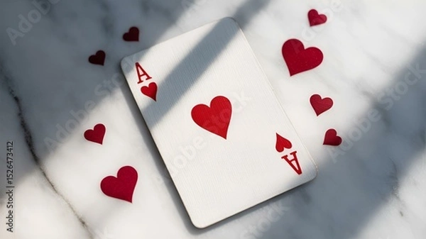 Obraz A beautifully arranged Ace of Hearts playing card surrounded by red heart cutouts, presenting a romantic or playful theme perfect for various design needs.