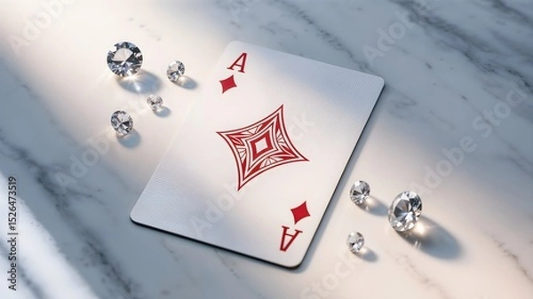 Obraz A striking image of the Ace of Diamonds playing card elegantly placed on a polished marble surface, surrounded by sparkling gemstones, evoking feelings of luxury and anticipation.