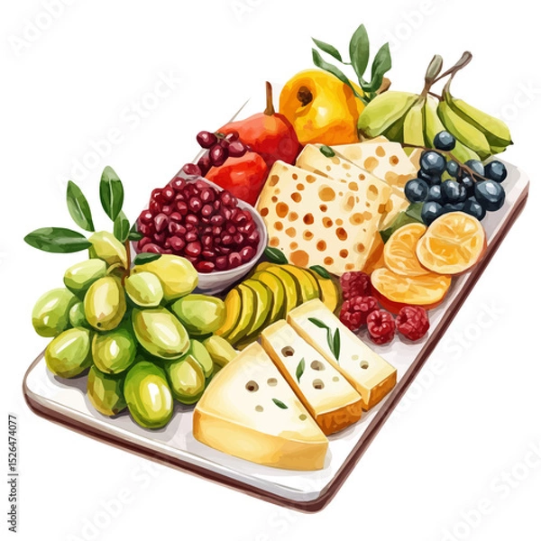 Fototapeta watercolor vector of Cheese And Fruit Platter, high quality, isolated on a white background.