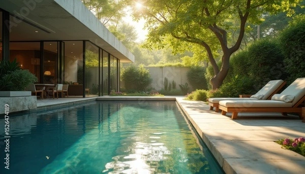 Obraz Serene swimming pool with lounge chairs at modern house