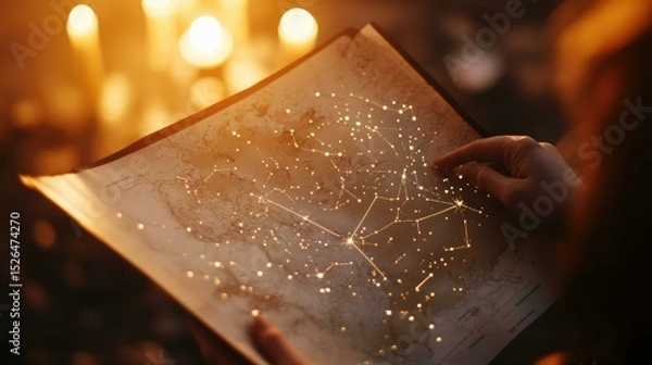 Obraz Contemplative woman examining star chart in dark room