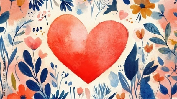 Obraz Large red heart surrounded by colorful flowers and leaves