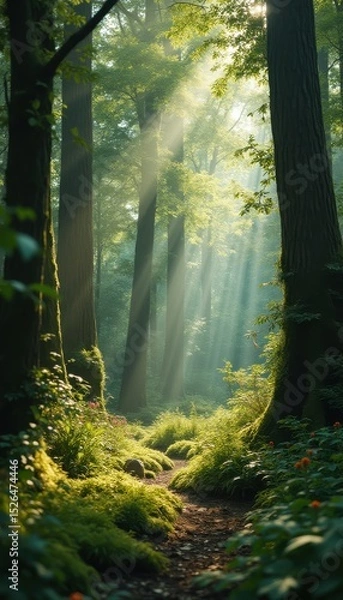 Obraz Sunbeams Filtering Through Leaves on Forest Path