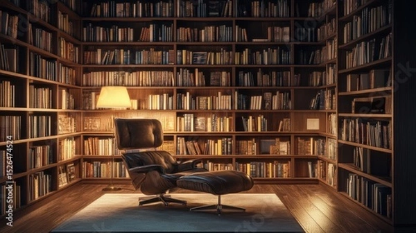 Obraz Cozy library with chair and ottoman at night