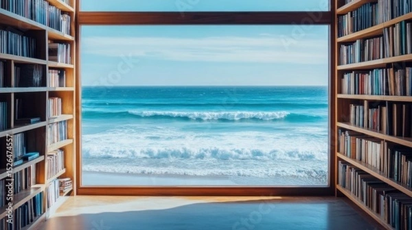 Obraz Books on a rustic bookshelf by the serene ocean shore