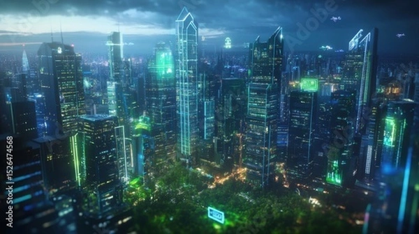 Obraz Futuristic cityscape with skyscrapers and flying vehicles at night
