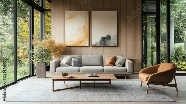 Obraz Minimalist modern living room with sofa and artwork