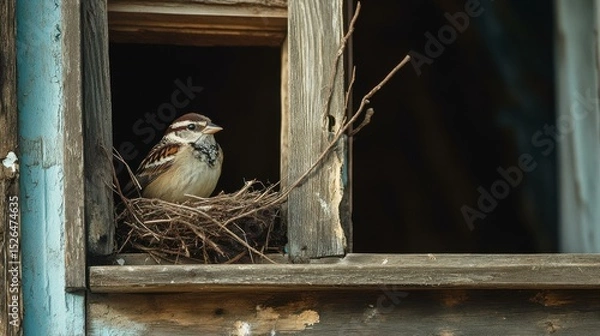 Obraz Sparrow sitting peacefully in a nest on wooden structure
