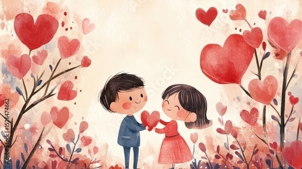 Obraz Two Asian children exchanging heart-shaped objects in garden