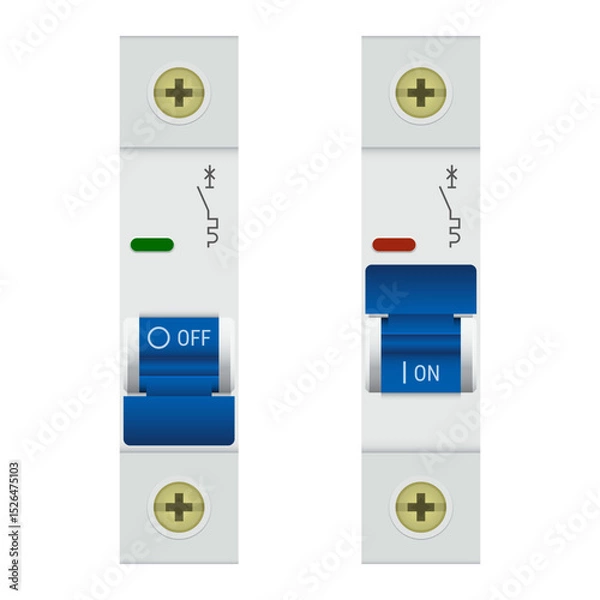 Obraz Realistic electrical circuit breaker switches. Vector illustration of two circuit breakers in On and Off positions