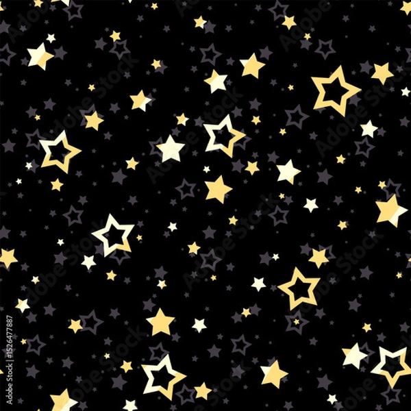 Obraz Seamless pattern with shining yellow stars on a black background. Vector seamless print