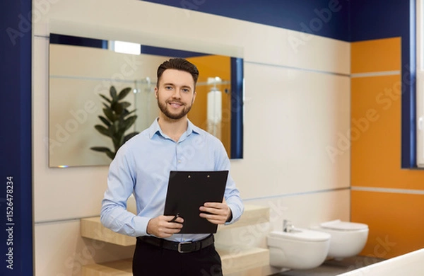Fototapeta Sales consultant manager smiling, selling, distributing and marketing, ready helping clients to choose, type of plumber repairs work of future flat, interior designer, materials, employee portrait