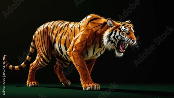 Obraz Surprised animal, tiger in the wild, low-poly tiger images, dog on a black isolated background
