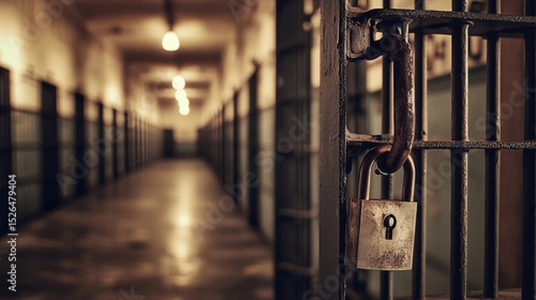 Fototapeta A prison cell door with a lock on it. The door is open and the lock is visible