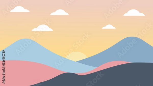 Fototapeta Soft pastel mountain landscape with clouds and calm sunset sky