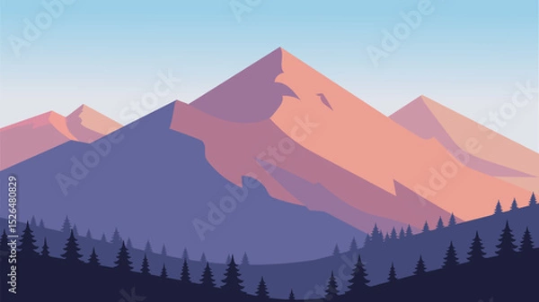 Fototapeta Mountain landscape with pine forest and soft pastel colors in sky at dawn