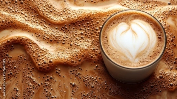 Obraz A cappuccino cup spills its contents across the surface, revealing a heart shaped foam art on top, surrounded by foamy bubbles and spilled latte. Warm light suggests daytime