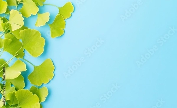 Obraz Bright green Gingko biloba leaves are placed along the left and top of a light blue background, creating a natural frame effect, leaving copy space