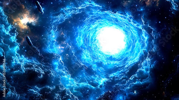 Obraz Artwork shows a bright cosmic nebula, predominantly in shades of blue. Two spaceships fly towards the light center. The scene evokes a sense of adventure and wonder