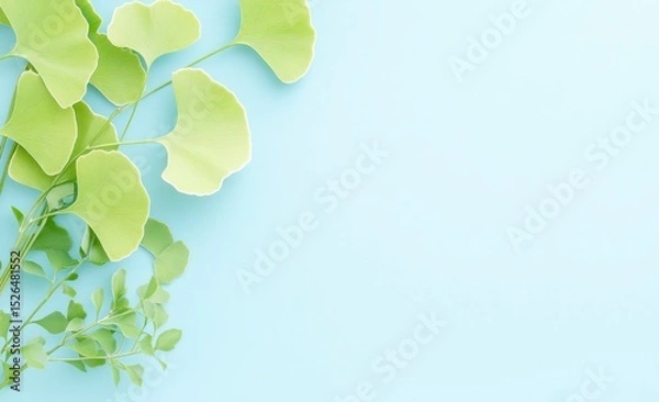 Obraz Close-up presenting several light green Ginkgo Biloba leaves with distinct fan-like shapes and a small leafy branch, all arranged on a clean, light blue surface