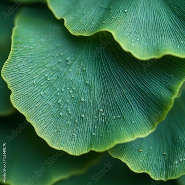 Obraz A macro view showcases the intricate details of stacked Ginkgo Biloba foliage. Tiny water droplets glisten on the verdant surfaces, highlighting their texture. Soft natural light enhances the colors