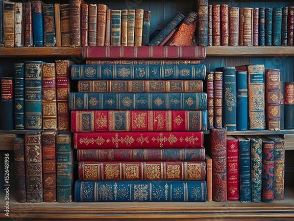 Obraz Antique and vintage leather books are organized on wooden bookshelves. The books have intricate gold details and are arranged both standing upright and stacked horizontally
