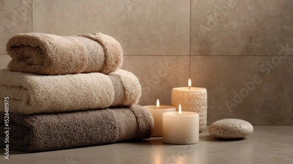 Obraz Stack Of Soft Towels With Lit Candles In Spa Setting. Relaxation And Tranquility Atmosphere