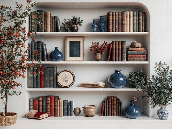 Obraz A white built-in bookcase is displayed, holding a collection of antique books, ceramic vases, framed art, and potted plants. The room feels calm and inviting