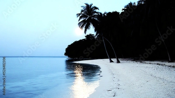 Obraz A serene, tropical beach at dusk. Calm ocean waters meet the sandy shore, reflecting the moonlight. Palm trees line the beach, creating a silhouette against the sky