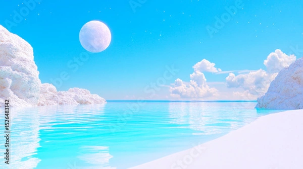 Obraz A beautiful vista displays crystal clear, turquoise water gently lapping against white rock formations and sandy beaches. A large moon shines in a clear blue sky