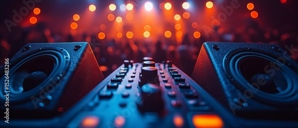 Obraz A focus on a dj's console during a music festival. A large audience is visible in the background, illuminated by stage lights. The atmosphere is vibrant and energetic