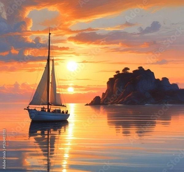 Fototapeta Illustration of sailboat yaht in calm ocean with island and sunrise.
