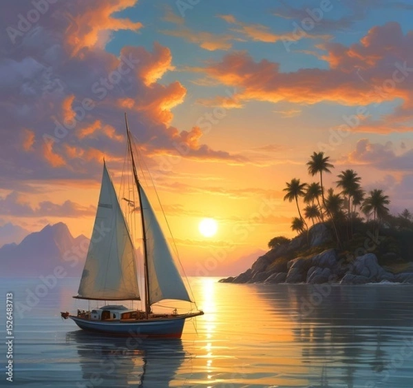 Fototapeta Illustration of sailboat yaht in calm ocean with island and sunrise.