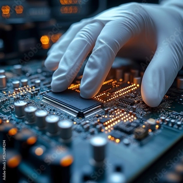 Obraz A hand wearing a protective white glove gently presses a microchip onto an elaborate green circuit board. The board is filled with other components, and some connections glow with light