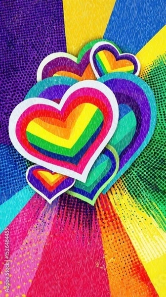 Fototapeta Vibrant Pop Art Design with Cascading Rainbow Hearts and Starburst Patterns on Layered Halftone Backgrounds