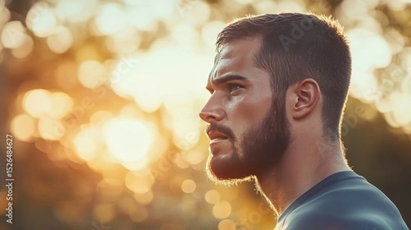 Fototapeta Thoughtful Man with a Beard at Sunset