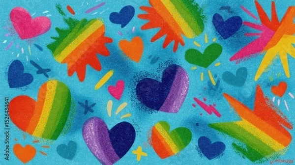 Fototapeta Vibrant Rainbow Hearts and Speech Marks on Cyan Background with Ink Texture - Love and Communication Concept