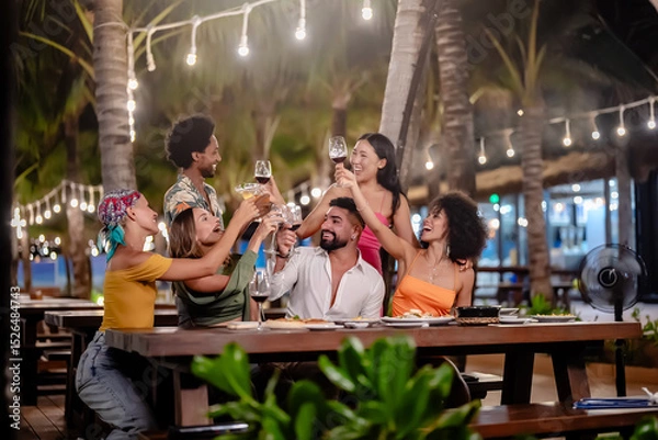 Fototapeta Group of diverse friends raising glasses in a joyful toast at a tropical outdoor party, celebrating together under palm trees and string lights
