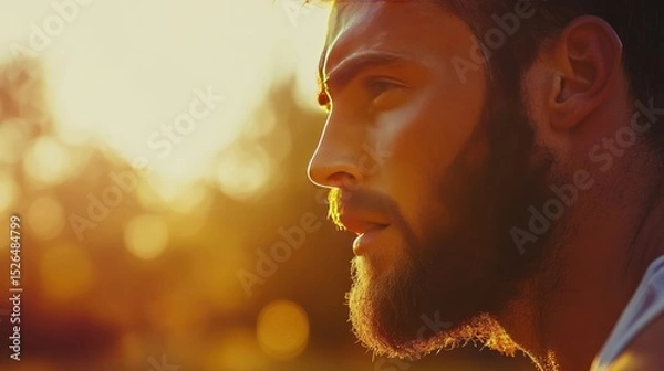 Fototapeta Thoughtful Man with a Beard at Sunset